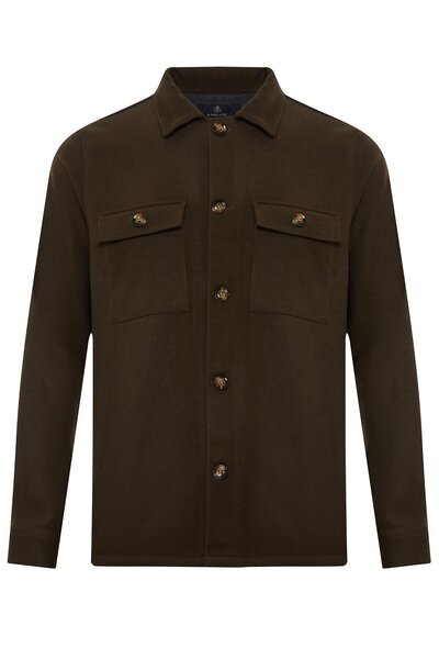 Abbate Lana Woven Wool Overshirt Fit Khaki Lapel Collar Men's Plain Overshirt