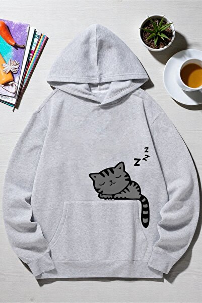 uyguntarz Unisex Sleeping Cat Printed Hooded Sweatshirt