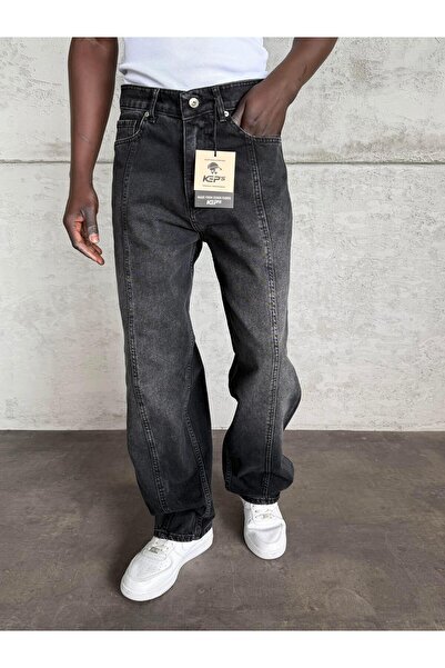 KağanKY Blugi largi relaxanți, cu detaliu de cusătură, antracit, cu efect de ...