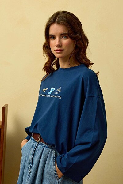 Ceylan Otantik Navy Blue Coffee Printed Basic Body