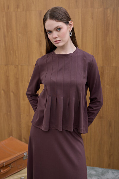 Birgül Bektaş Brown Pleated Detailed Skirt Set