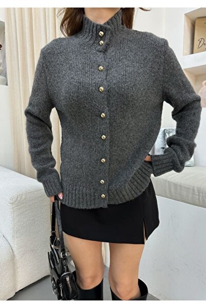 MOODAY High-Necked Buttoned Cardigan Smoked