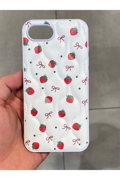Mee.co iPhone 16E Compatible Strawberry Pattern Phone Case Ribbon Pattern Stitching Detail Faux Leather Case