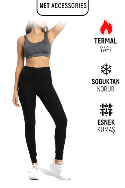 Net Tekstil Black Women's Winter Thermal Leggings Cotton Stretchy
