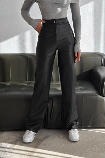 Swana Kadın Şardonlu Deri Palazzo Pantolon