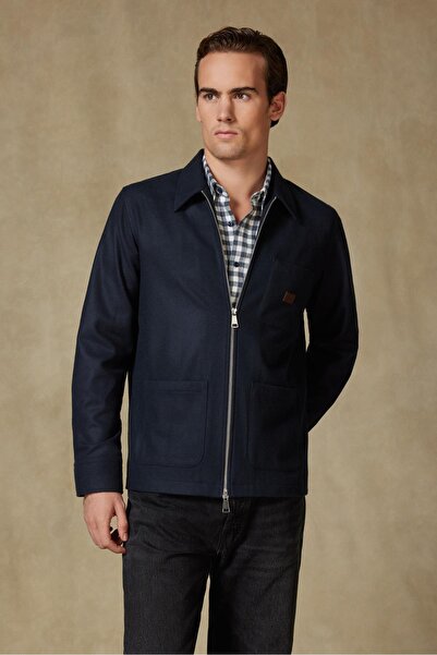 Abbate Monza Woven Wool Overshirt Fit Navy Blue Classic Collar Men's Plain Overshirt