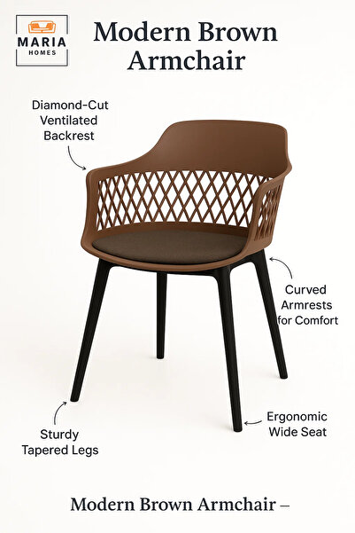 MARIA HOMES Brown Diamond Back Plastic Armchair Modern IndoorOutdoor Chair with Black Legs and Ventilated Design