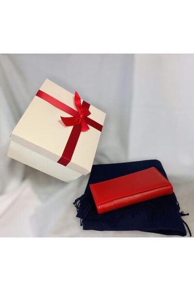 OEM Γυναικείο μπλε κασμιρένιο σάλι σε σετ δώρου με κόκκινο πορτοφόλι από γνήσ...