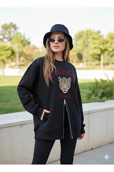 cemo Zippered Leopard Printed Oversized Black Sweat