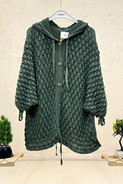 sahnemoda Hooded Leaf Washed Buttoned Cotton Cardigan