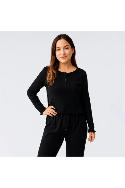 Penelope Perla 100% Cotton Lace-Like Knit Knitted Pajama Set - Black / m