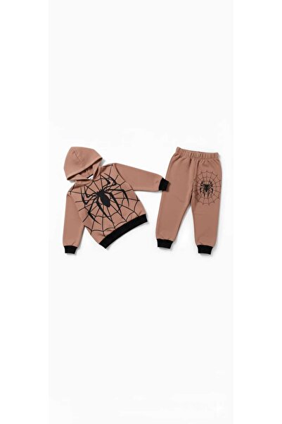 MİNİK MODA EVİ Boy's Spider Printed Tracksuit Set – Hooded Sweat & Jogger Bottom – 2-Piece Set