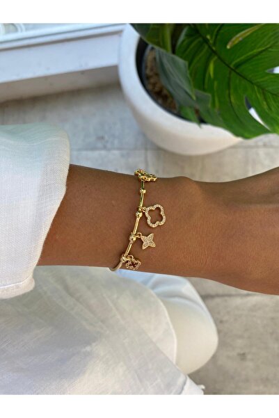 marseljewellery سوار من الذهب الخالص قابل للتعديل مرصع بحجر الزركون على شكل برسيم وزهرة