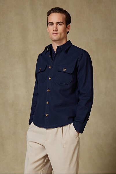 Abbate Fumo Flannel Cotton Overshirt Fit Navy Blue Classic Collar Men's Plain Overshirt