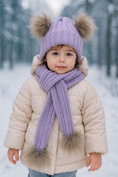 ŞAPKAKİDS Lila Natural Knitwear Scarf Beanie Set