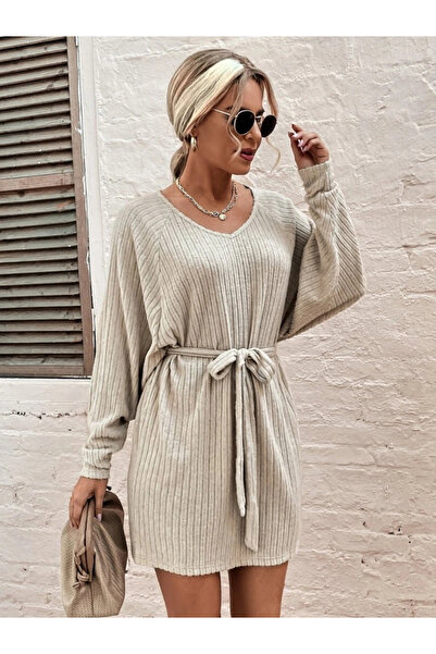 GENCULUS Women's Long Sleeve Ribbed Charm Detail Boucle Belted Soft Dress