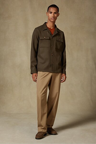 Abbate Lana Woven Wool Overshirt Fit Khaki Lapel Collar Men's Plain Overshirt