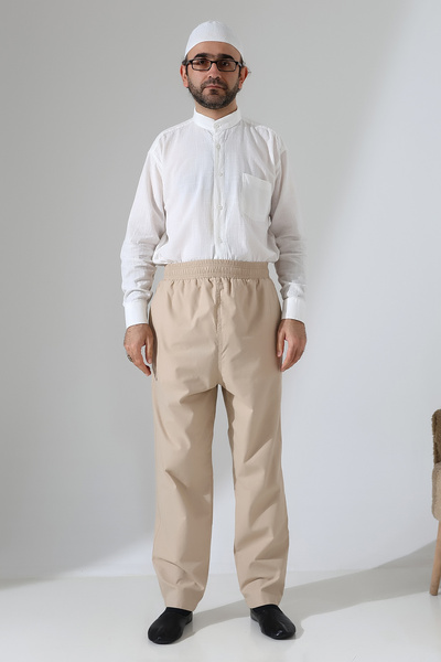 ihvan online Men's Elastic Waist Pocket Hajj Umrah Linen Shalwar Pants - Beige (VŞN)