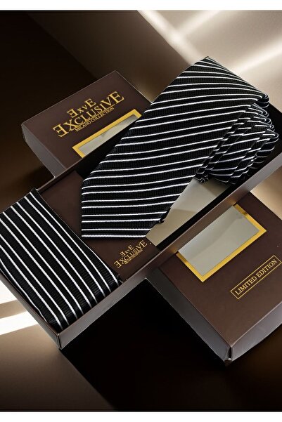Exve Exclusive Black and White Elegant Striped Jacquard Woven Tie and Handkerchief Set with Gift Box