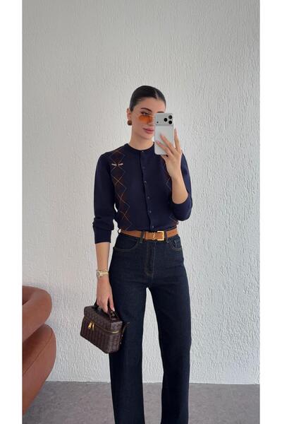 HAZELANNA Baklava Pattern Navy Blue Cardigan