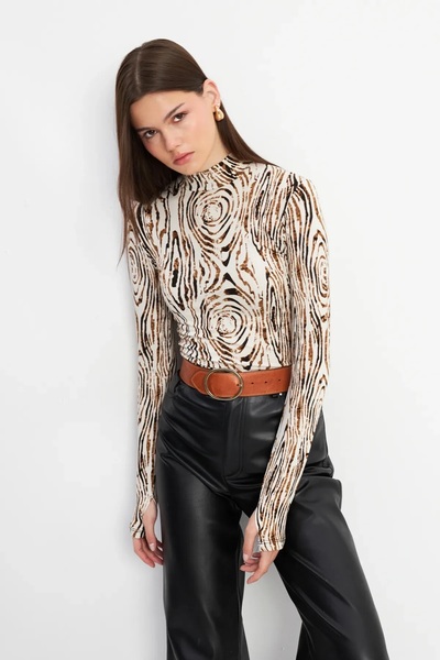 Yefrastore Women's Mustard Brown Thin Oval Patterned Finger Detailed Bodysuit