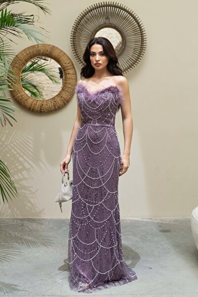 Serica Moda Lilac Strapless Otriş Detailed Embroidered Evening Dress