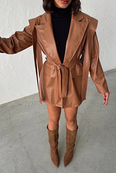 URİS Women's Brown Double-Breasted Collar Belted Leather Jacket