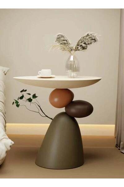 Raffine Modern Scandinavian Resin Side Table - Stone Carved Round Tray Top, 51x29x50 cm