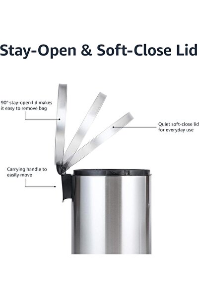 Amazon basics Round Cylindrical Trash Can with Soft-Close Foot Pedal, 20L (5.3 Gal), Brushed Stainle