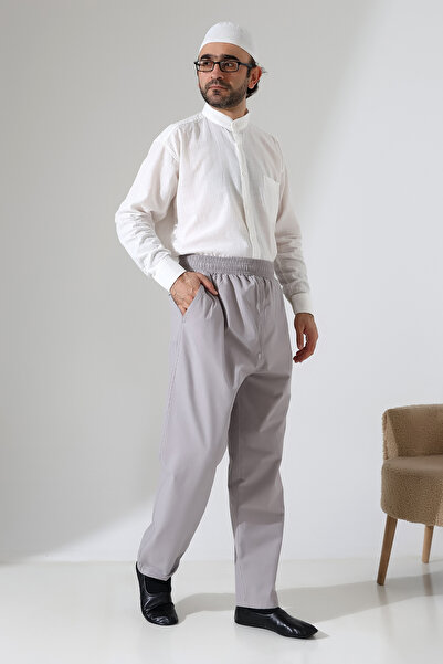 ihvan online Men's Elastic Waist Pocket Hajj Umrah Linen Shalwar Pants - Gray (Vşn)