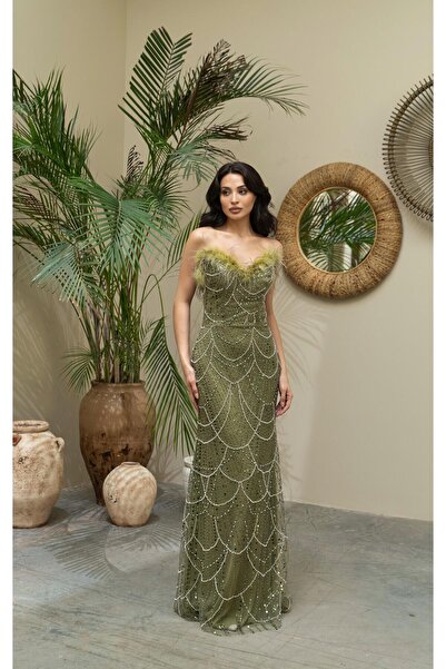 Serica Moda Πράσινο βραδινό φόρεμα χωρίς λουράκια με λεπτομέρεια κεντήματος Otriş