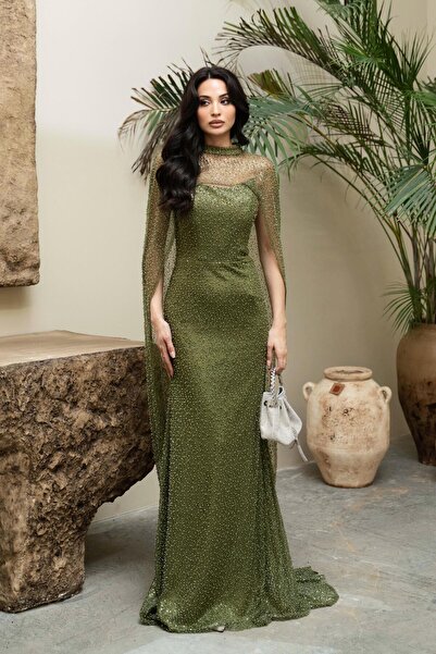 Serica Moda Khaki Strapless Beading Cape Evening Dress