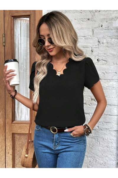 GENCULUS Women's Short Sleeve Laser V Neck Imported Crepe Blouse