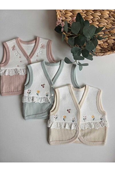 Baharda Nova %100 Pamuk 3'lü Kız Bebek Penye Yelek Seti