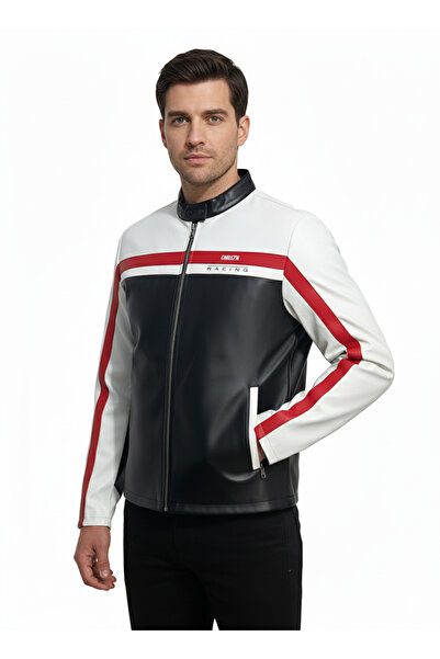 CHOS7N Jachetă din piele cu dungi cu imprimeu pentru bărbați, cu fermoar