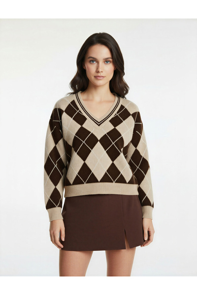 Koton Πλεκτό πουλόβερ με μακρύ μανίκι και λαιμόκοψη σε σχήμα V με διαμάντια