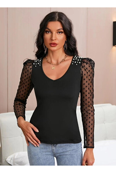 GENCULUS Women's long sleeve shoulder pearl sleeves tulle detail viscose blouse