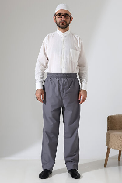 ihvan online Men's Elastic Waist Pocket Hajj Umrah Linen Shalwar Pants - Anthracite (VŞN)