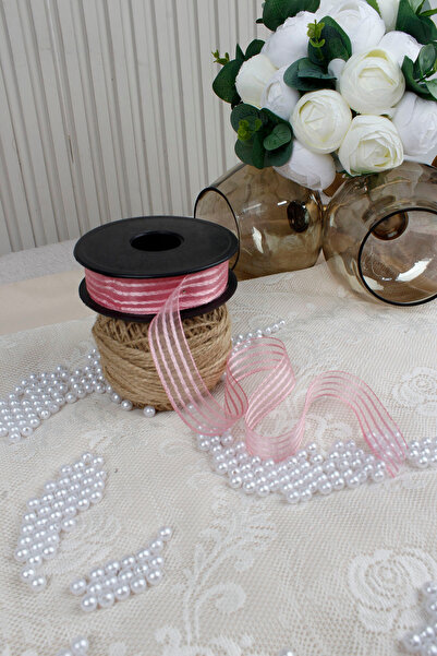 Mortex Pink Hilton Striped Chiffon Ribbon 2.5 cm 20 m - Wrapping, Wedding, Engagement, Dowry, Gift, Decoration, Party