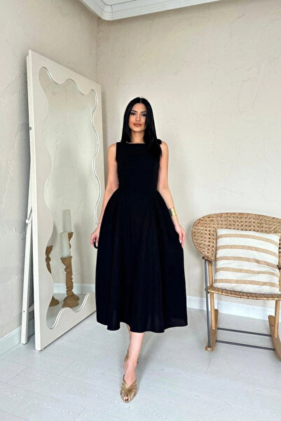 GENCULUS iyah Yanları Büzgülü idi Boy Keten Elbise