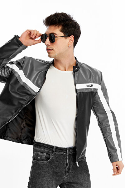 CHOS7N Men's Striped Printed Leather Jacket Zippered Coat