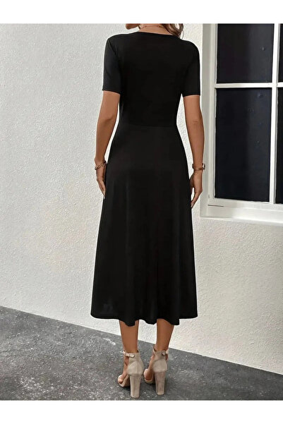 GENCULUS Women's short sleeve v neck front button Slit midi viscose dress