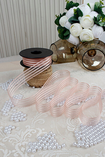 Mortex Powder Pink Hilton Striped Chiffon Ribbon 2.5 cm 20 m - Wedding Favors, Engagement, Dowry, Gift, Decoration, Party