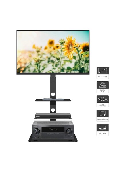 BONTEC TV Stand for 30–70 inch TVs, Floor Stand with 3 Tempered Glass Shelves