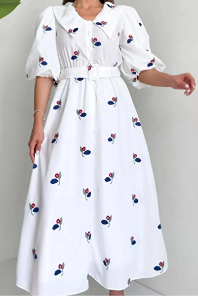 GENCULUS Red Belted Dress with Floral Pattern