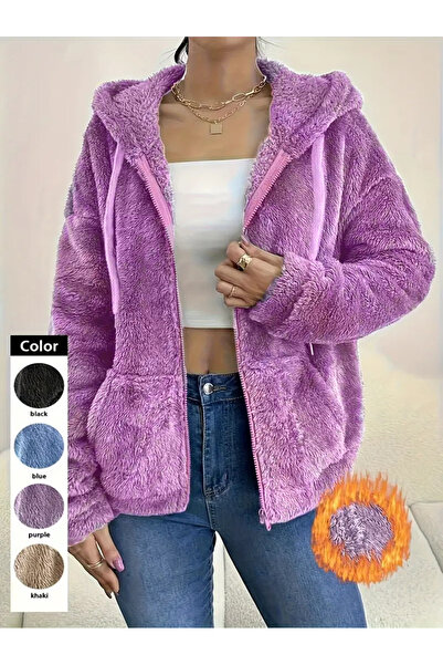 LG LAGULER Cardigan cu mânecă lungă din țesătură de pluș cu glugă cu buzunar cangur supradimensionat iarnă