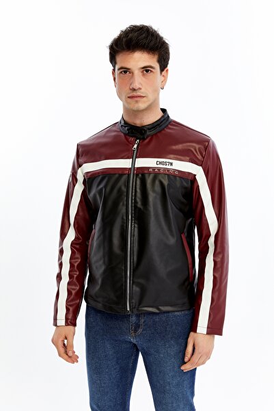 CHOS7N Men's Striped Printed Leather Jacket Zippered Coat