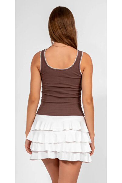 ALCİNOUS 2-Piece White/Brown Embroidered Detail 100% Cotton Thick Strap Tank Top