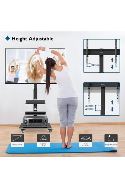 BONTEC Mobile TV Stand - 30–70 inch, 40 kg, VESA up to 600x400, 3 tempered glass shelves