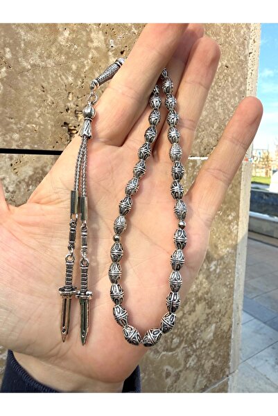 A-STİL TAKI Double Blade Tassel Embroidered Pure Silver Plated Rosary